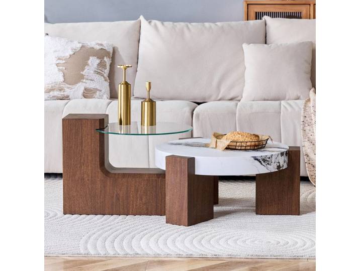 MEULVA Table basse modulable ronde lot de 2 MDF aspect noyer verre de sécurité transparent salon