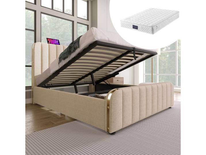 Lit Coffre Double 140x200cm - PDZZZD - Matelas Inclus - Tête de Lit Rembourrée - USB-C - Système Hydraulique