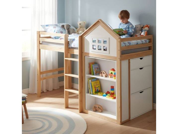 Lit mezzanine enfant - SOGEU - Lit cabane - 90x200 cm - 3 tiroirs - Escalier sécurisé