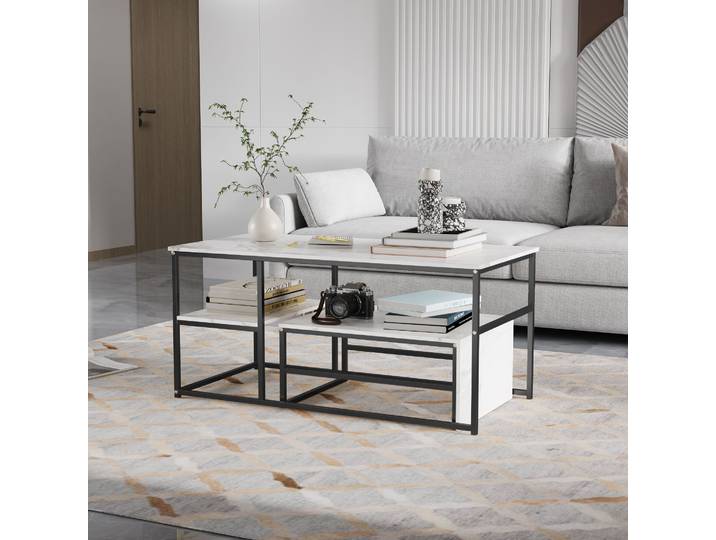 Rosahqnda Table basse 2 pièces - Table basse en bois avec cadre en métal - Table d'appoint pour salon - Blanc