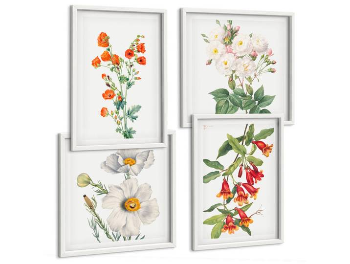 Tulup Bilder SET 4er Set - 50x50 cm & 40x60 cm Weißer Rahmen - Retro-Blumenmalerei, Kunststoff, Rechteckig, 50x50 cm, Fotografie, Bilder & Rahmen, Bilder
