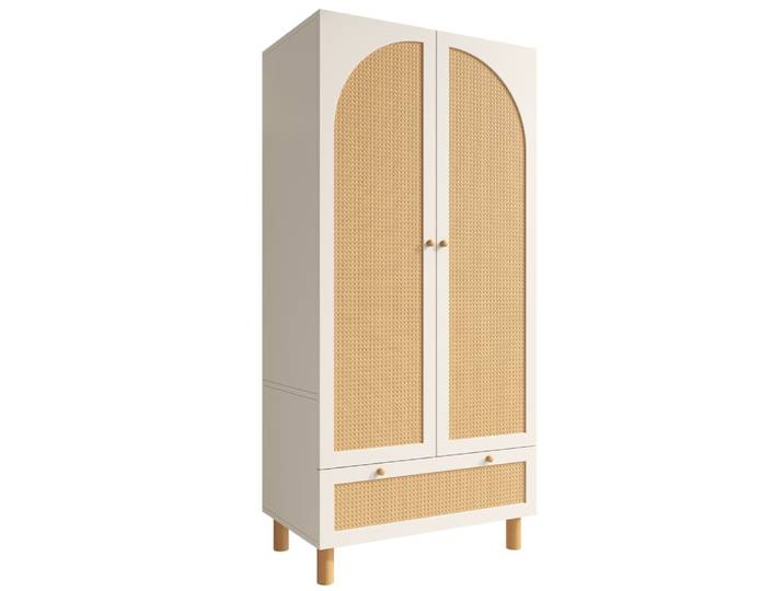 Armoire en bois blanc et rotin naturel avec tiroir