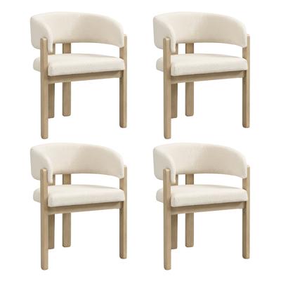 Merax 4er-Set Esszimmerstühle 60 x 51 x 80 cm, Massivholz mit Beige Bouclé-Bezug und Armlehnen, hoher Sitzkomfort, Naturholzfarben