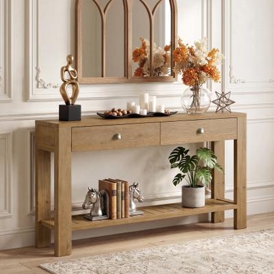 BLUEBELL "55"" Solid Wood Console Table with 2 Drawers, Farmhouse Narrow Entryway Table with Storage Shelf - 55.1"" L × 11.8"" W × 32.28"" H"
