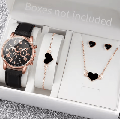 Uplift Curations Fashion Womens Quartz Watch Set With Leather Bands And Heart Rhinestone Accent (5 6 PCS) e Without Box