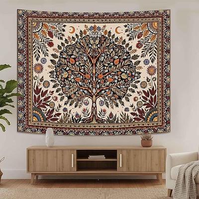 Ästhetischer Vintage-Wandteppich mit Lebensbaum-Motiv, botanischem Blumenhintergrund, Boho-Stil, großes Wandbild für Studentenwohnheime und Apartments