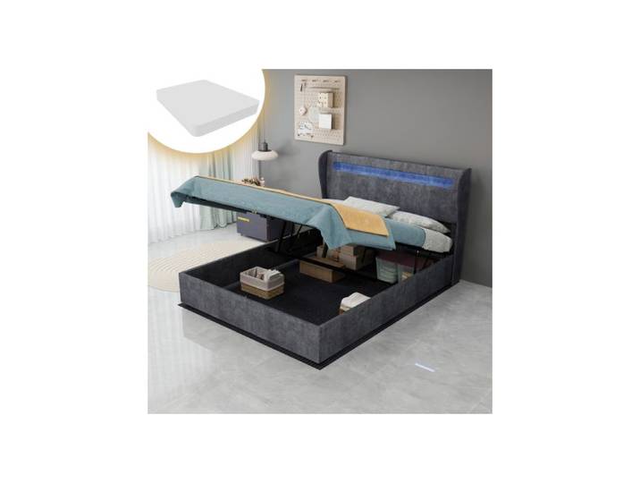 lit adulte 140x200 coffre rangement LED tête de lit réglable tissu métal gris chambre adulte couchage moderne Grjofek