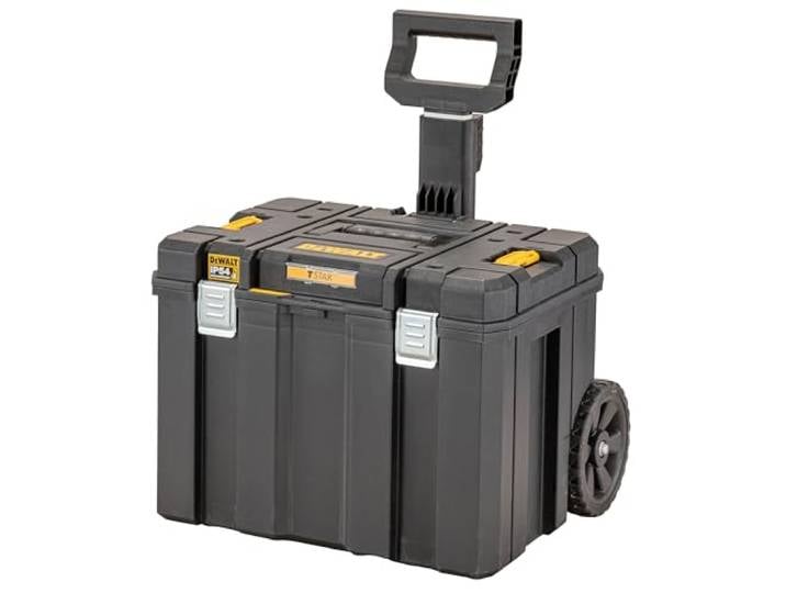 DEWALT TSTAK IP54 Coffre mobile à roulettes\, DWST83347-1 Coffre mobile TSTAK IP54 avec roues robustes\, poignée télescopique et capacité 50 kg pour transport sûr des outils.