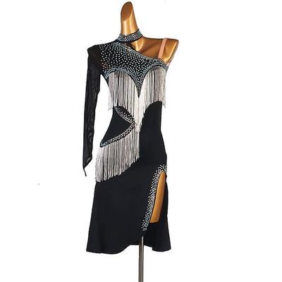 Schwarzes Tanzkleid für Damen – aufwendiges, ansprechendes Design, Fransen-/Paillettendetails, perfekt für Latein Ballsaalaufführung, Probe Bühnenshows
