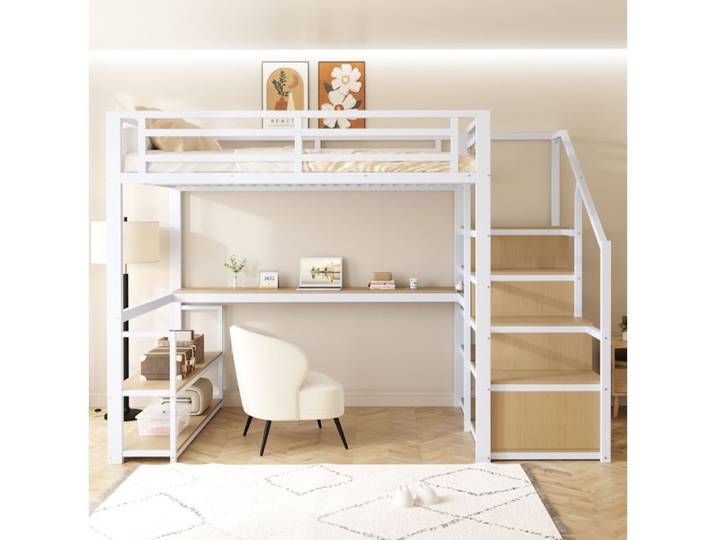 Lit mezzanine métal 140x200 AESVAR avec bureau intégré étagères de rangement et escalier blanc
