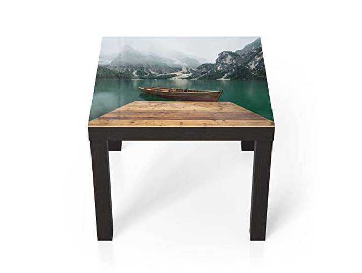 DEQORI Glastisch schwarz klein 55x55 cm Motiv Bergsee und Bootsteg ausgefallener Beistelltisch aus Glas Hochglanz Couchtisch fürs Wohnzimmer moderner Couch Tisch mit Design