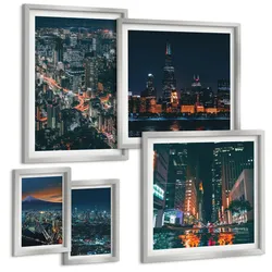 BILDER SET 5er Set - 50x50 cm & 20x30 cm & 40x60 cm Silberner Rahmen - Bergpanorama der Stadt bei Nacht