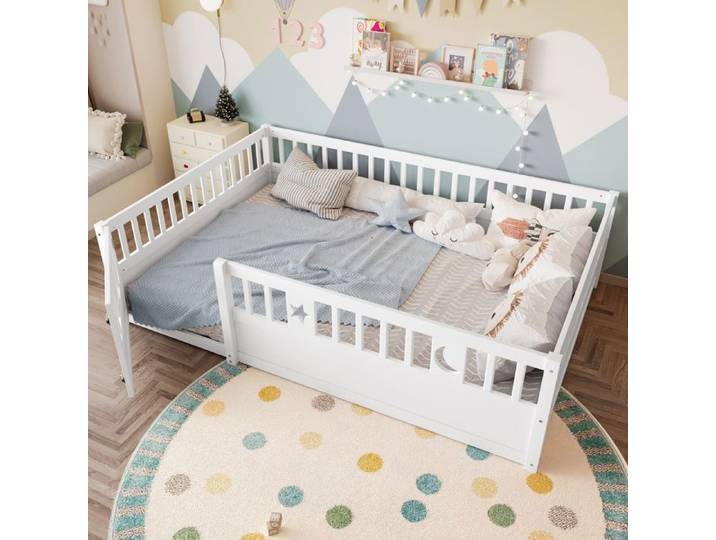 Lit au sol enfant - 140x190 cm - Bois de pin massif - Décoration étoile et lune - Blanc