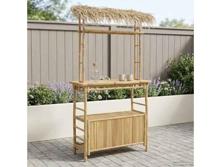 KPOUTRFG Bambus Bartisch Outdoor 110 x 50 x 209 cm Hoher Stehtisch, Wetterfest, Mit Ablagen, Modernes Design, Für Terrasse Und Garten