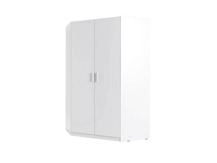 Drehtürenschrank / Eckkleiderschrank Messini 06, Farbe: Weiß / Weiß Hochglanz - Abmessungen: 198 x 117 x 117 cm (H x B x T)