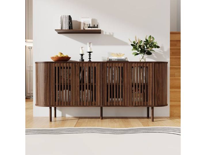 Buffet bas de salon 160x40x70 cm 4 portes coulissantes ajourées étagères réglables pieds métal supporte 75 kg MDF Effet Noyer