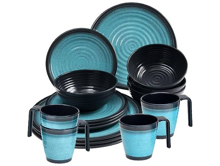 Melamin Geschirrset 4 Personen 16 Teile Tassen elegante Optik blau Camping