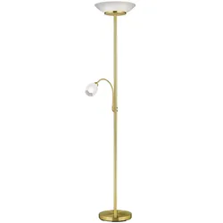 Stehlampe Standleuchte Wohnzimmerlampe Deckenfluter Metall messing farben mit flexiblem Lesespot, getrennt schaltbar, Glasschirm, 2x E27 1x E14, DxH 34x180 cm