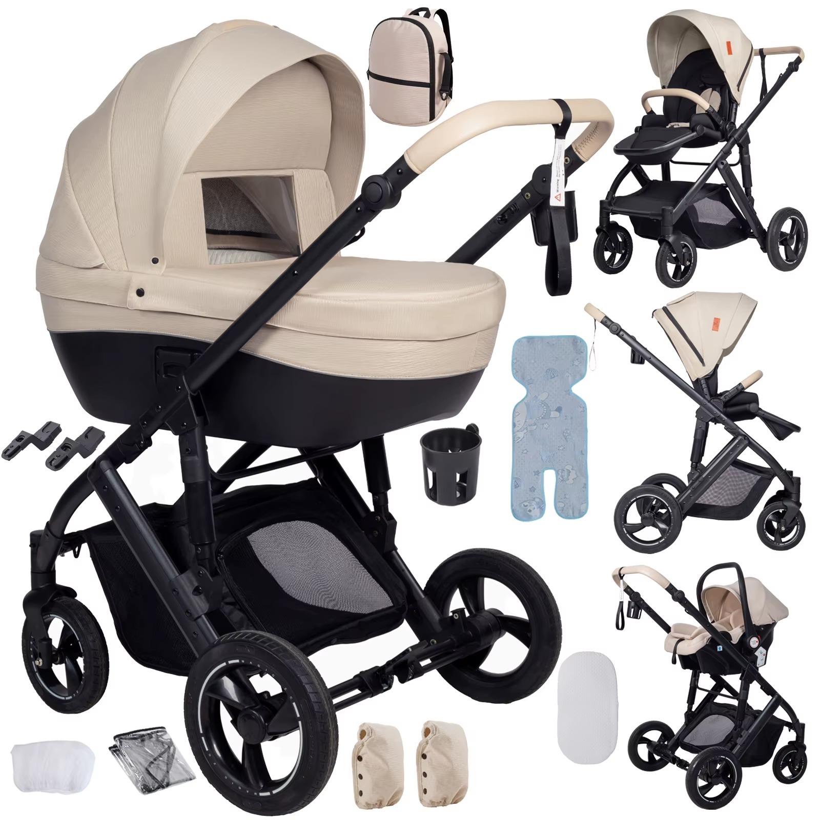3-in-1-Kinderwagen - V7 - Faltbar - Wendbar - Verstellbarer Schieber - Stoßdämpfung - Großer Einkaufskorb - Weiß Mit Sitzeinheit