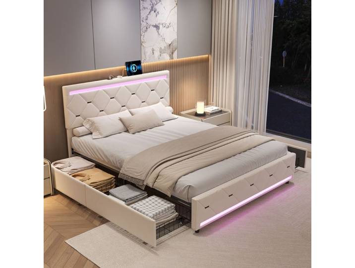 Lit Coffre 140x200 avec LED Lit Rembourré avec Coffre Lit Capitonné avec 4 Tiroirs Lit Double Rembourré avec USB Lit 2 Personnes