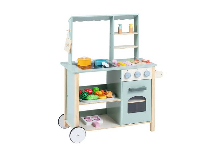 COSTWAY Spielküche Holz, Holzküche mit Herd, Backofen, Kochgeschirr-Zubehör