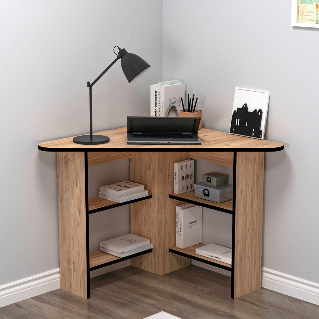Ebern Designs Fade 105cm Corner Computer Desk with 4 Open Shelves Atlantic Pine/Black 73.8cm H X 105cm W X 80cm D