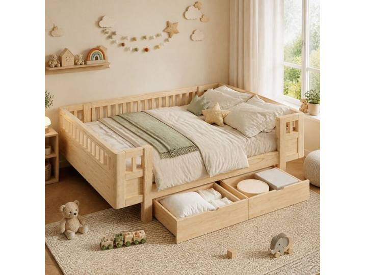 Lit plateforme enfant 140x200 cm barrière de sécurité 2 tiroirs - HAVRYA - sans matelas bois naturel