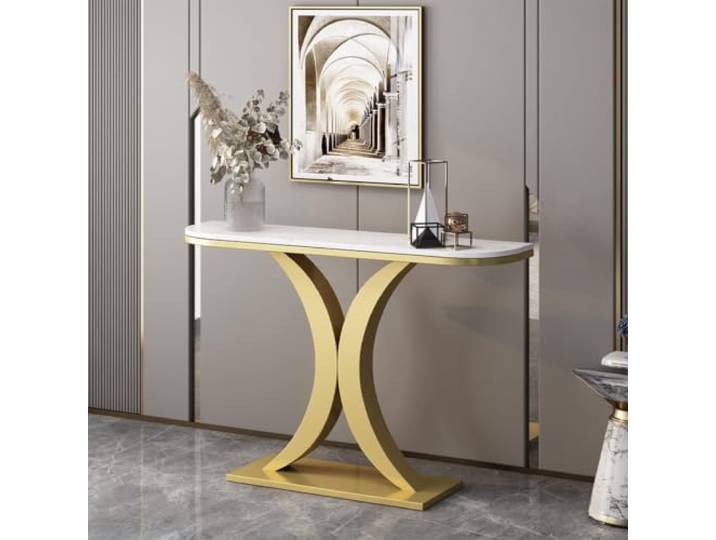 Moderner Konsolentisch Für Flur, Schmaler Sofatisch Mit Metallrahmen Robuster Metallrahmen, Schmaler Flurtisch, Kratzfeste Tischplatte, Einfache Montage(GoldA,120cmW*30cmD*80cmH)