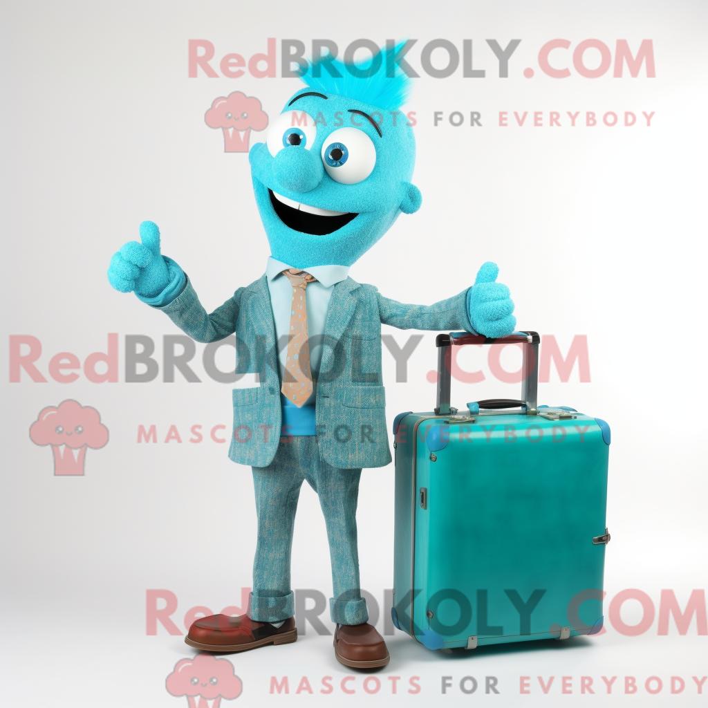 Maskottchenfigur REDBROKOLY eines türkisfarbenen Fernsehers mit Strickjacke und Aktentasche