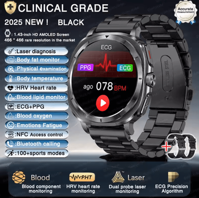 Inspire Curations AI Laser Health Smartwatch With ECG PPG, Uric Acid & Blood Lipid Analysis black Steel 2a