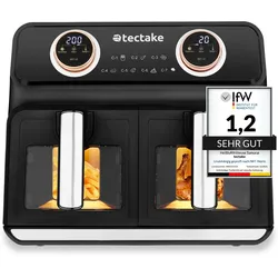 tectake® Heißluftfritteuse , 2 Garräume, je 4 l, 2400 W, individuelle Zeit- und Temperaturregelung je Kammer, 37,5 x 39 x 31,5 cm GS-Zertifikat, inklusive Rezeptheft
