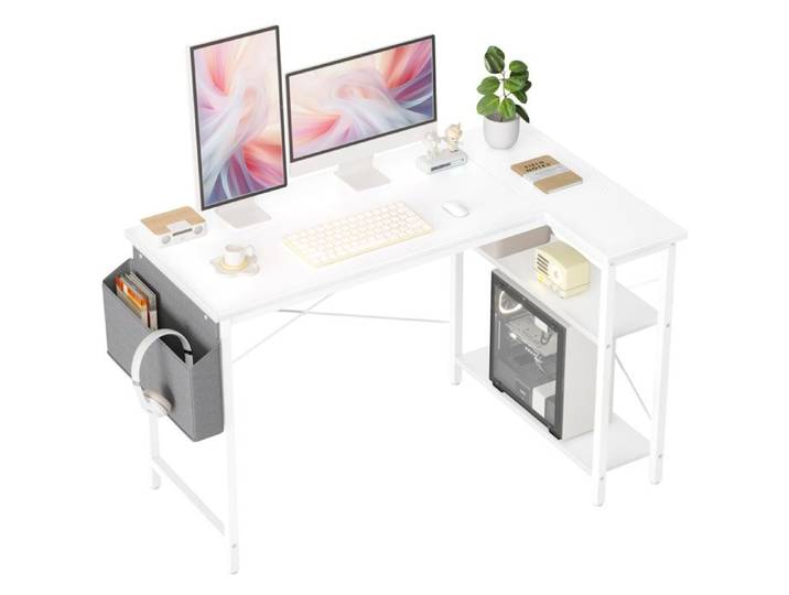 BEXEVUE Bureau Gaming 120x70cm Forme L Étagères Rangements Blanc