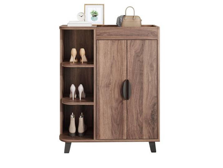 Meuble a chaussures - Chaussier d'entree - double porte - rangements ouverts - aspect bois - Walnut