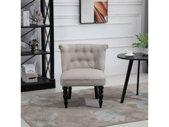 Fauteuil lounge - Vintage - Beige aspect lin - Dossier incurvé - Pieds en bois