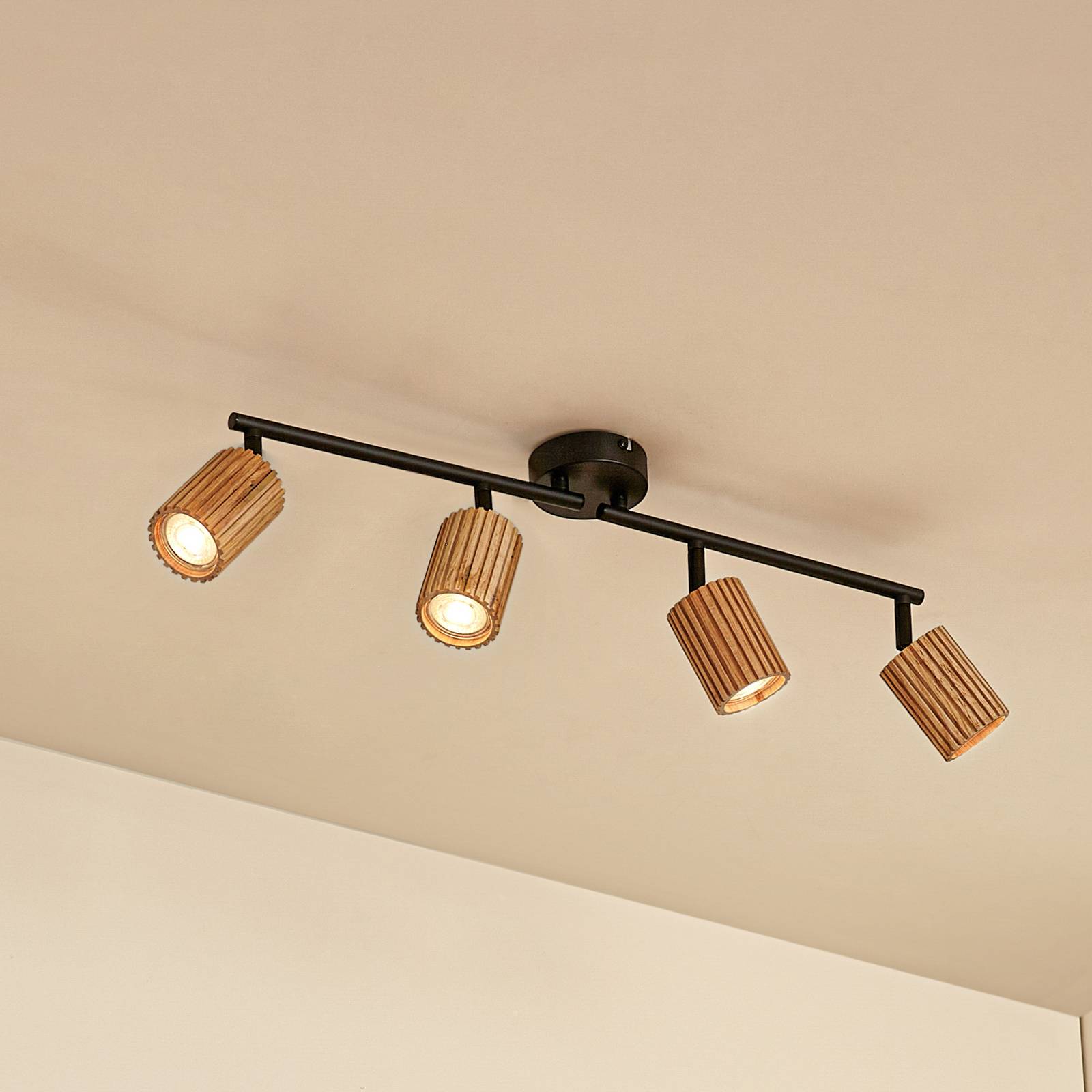 Lindby Stralino ceiling spotlight, 4-bulb design, length 60 cm, wood Lindby, dimmable, Light wood, Hallway, Wood, Modern, Ceiling Light
