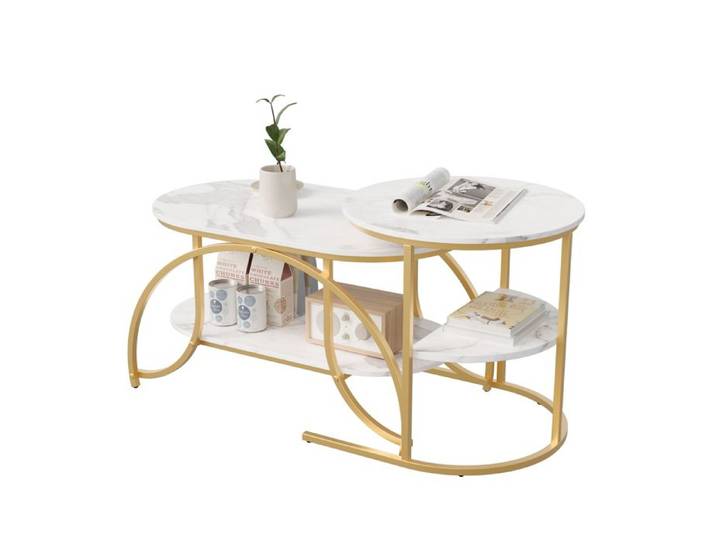 Table basse structure en métal doré marbre blanc table basse ovale gigogne
