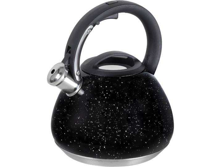 Wasserkessel RESTO KITCHENWARE Lyra, Flötenkessel 2,7 l mit wärmespeicherndem Boden im Geschenkkarton , schwarz, H:24cm Ø:19,5cm, Töpfe, Wasserkessel, mit ergonomischem, wärmeableitenden Bakelit-Griff