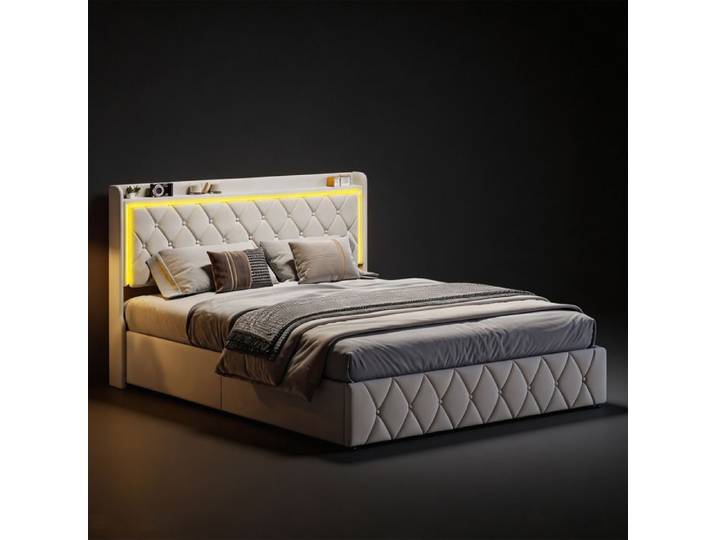 Lit 160x200 avec sommier lit coffre 160x200 cadre de lit 160x200 avec sommier LED USB tissu en velours beige