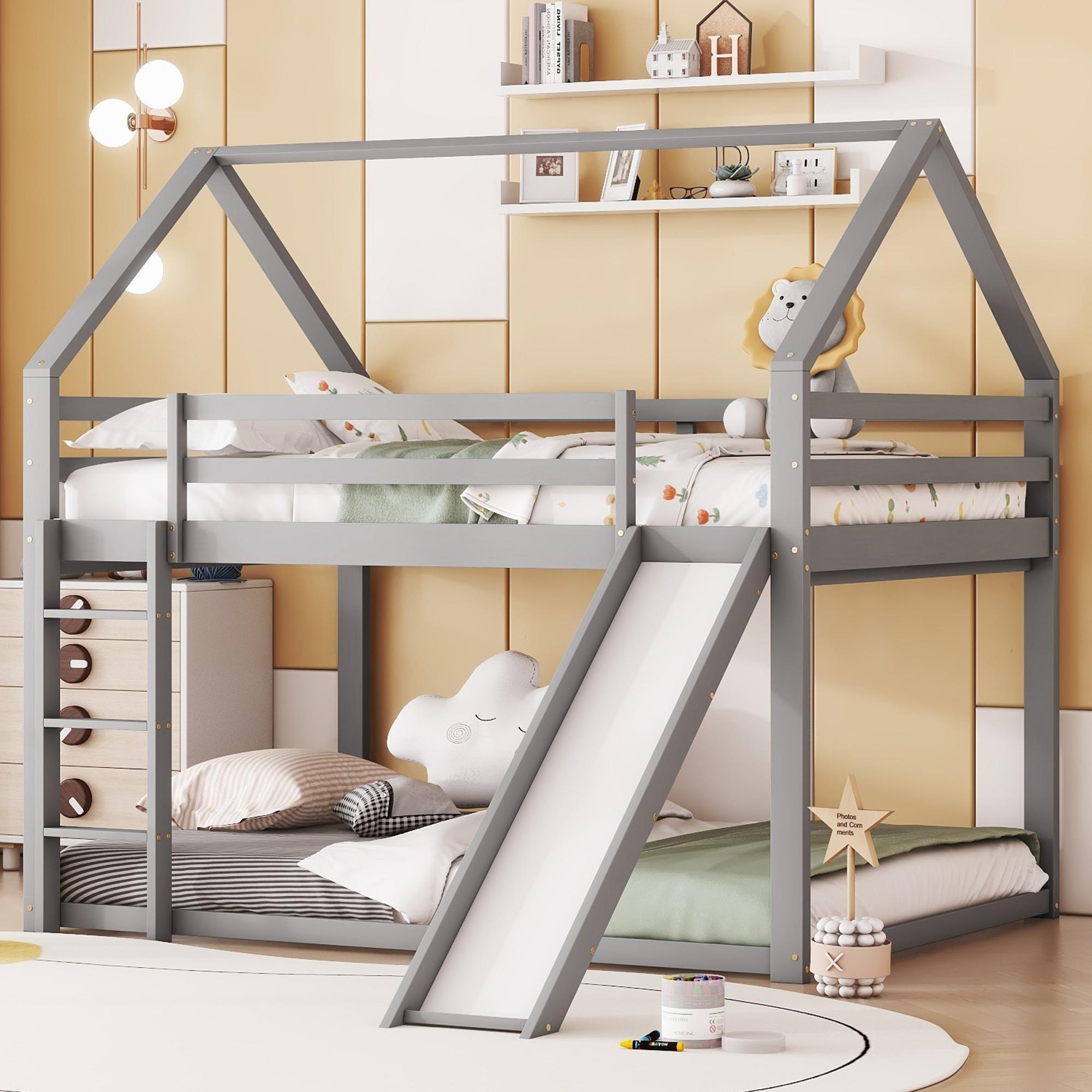 Doppelbett, Kinderbett, Hochbett mit Rutsche und Leiter, hohes Doppelstockbett fürs Kinderzimmer, grau, 140 x 200 cm
