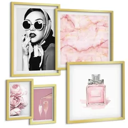 BILDER SET 5er Set - 50x50 cm & 20x30 cm & 40x60 cm Goldrahmen - Stilvolle pinkfarbene Accessoires