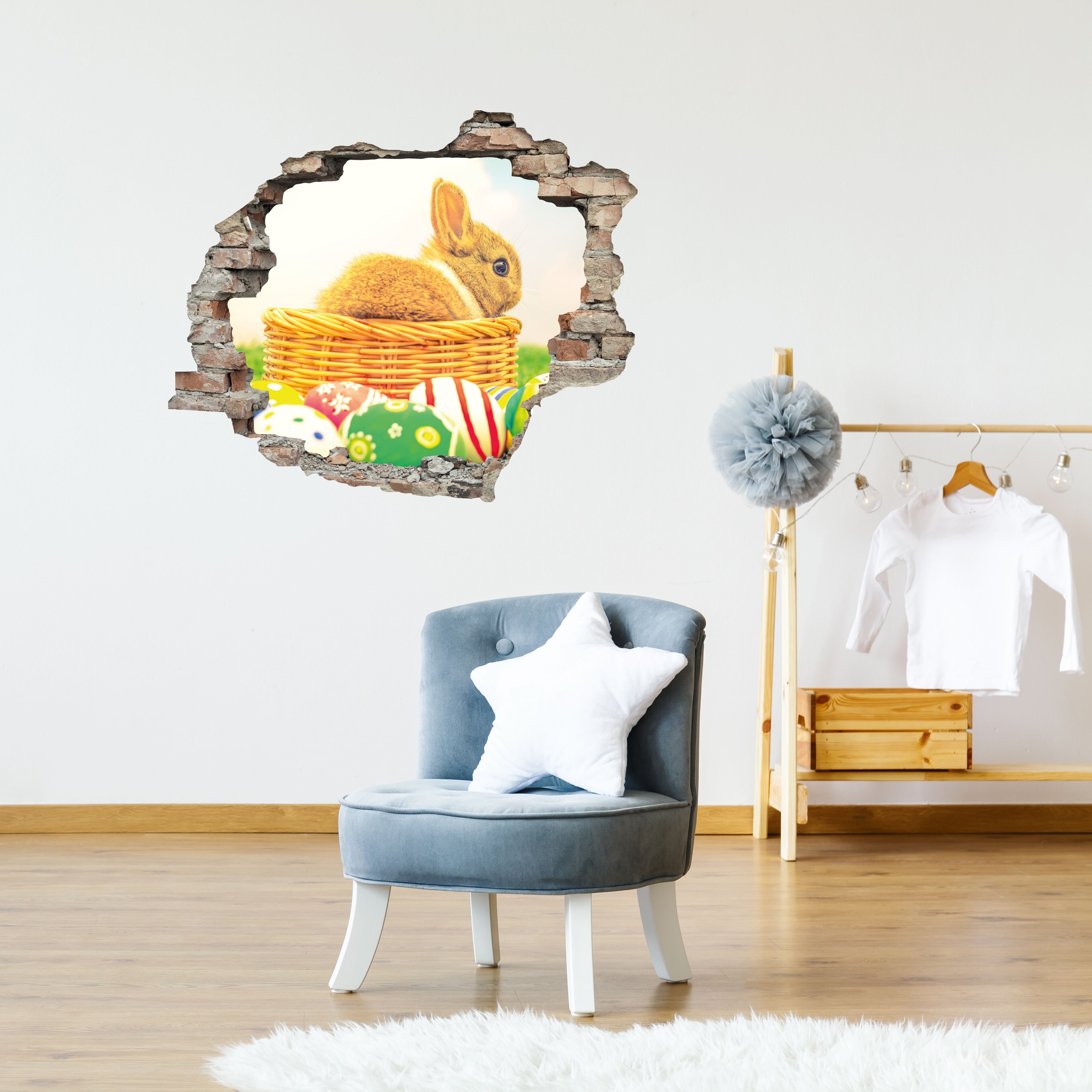 3D-Wandtattoo QUEENCE "Osterhase im Nest", bunt, B:60cm H:50cm, Vinyl, Wandtattoos, 3D-Wandtattoo, Selbstklebender Wandsticker Ostern Wanddurchbruch 60x50cm bunt B/H/T: 60cm x 50cm, Grashalm Grashalme Kaninchen