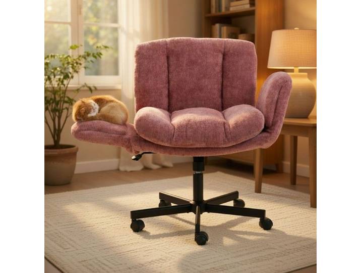 CollaHausse Chaise de Bureau Pivotante en Chenille Réglable avec Accoudoirs Multi-positions Rose Poudré