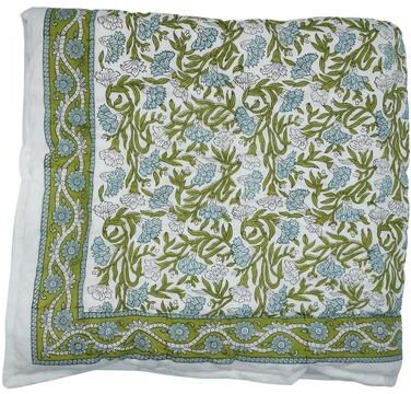 Fabdivine Luxury Hand Block Printed Cotton Quilt - Hand Stitched Thorny Stems Blue Green, Reversible Bedspread for Bedroom Décor