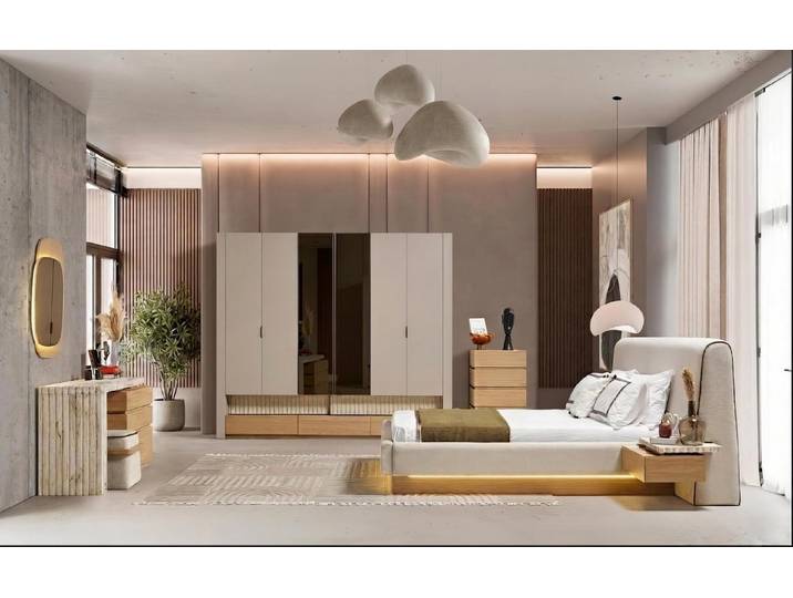JVmoebel Komplettschlafzimmer Schlafzimmer Set Bett Schrank Kommode Spiegel Hocker Modern Beige Edel, (8-tlg), Made in Europa