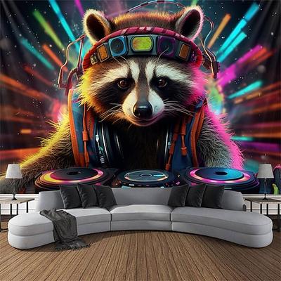 Schwarzlicht-Wandteppich, UV-reaktiv, leuchtet im Dunkeln, leuchtet Party, Neon, trippig, nebliger DJ, Waschbär, Tier, Wandteppich, Wandbild für Wohnzimmer, Schlafzimmer