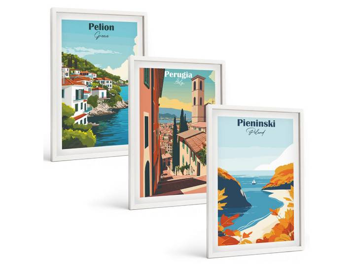 Tulup Bilder SET 3er Set - 40x60 cm Weißer Rahmen - Malerische Retro-Landschaften, Kunststoff, Rechteckig, 40x60 cm, einfache und schnelle Anbringung, Bilder & Rahmen, Bilder