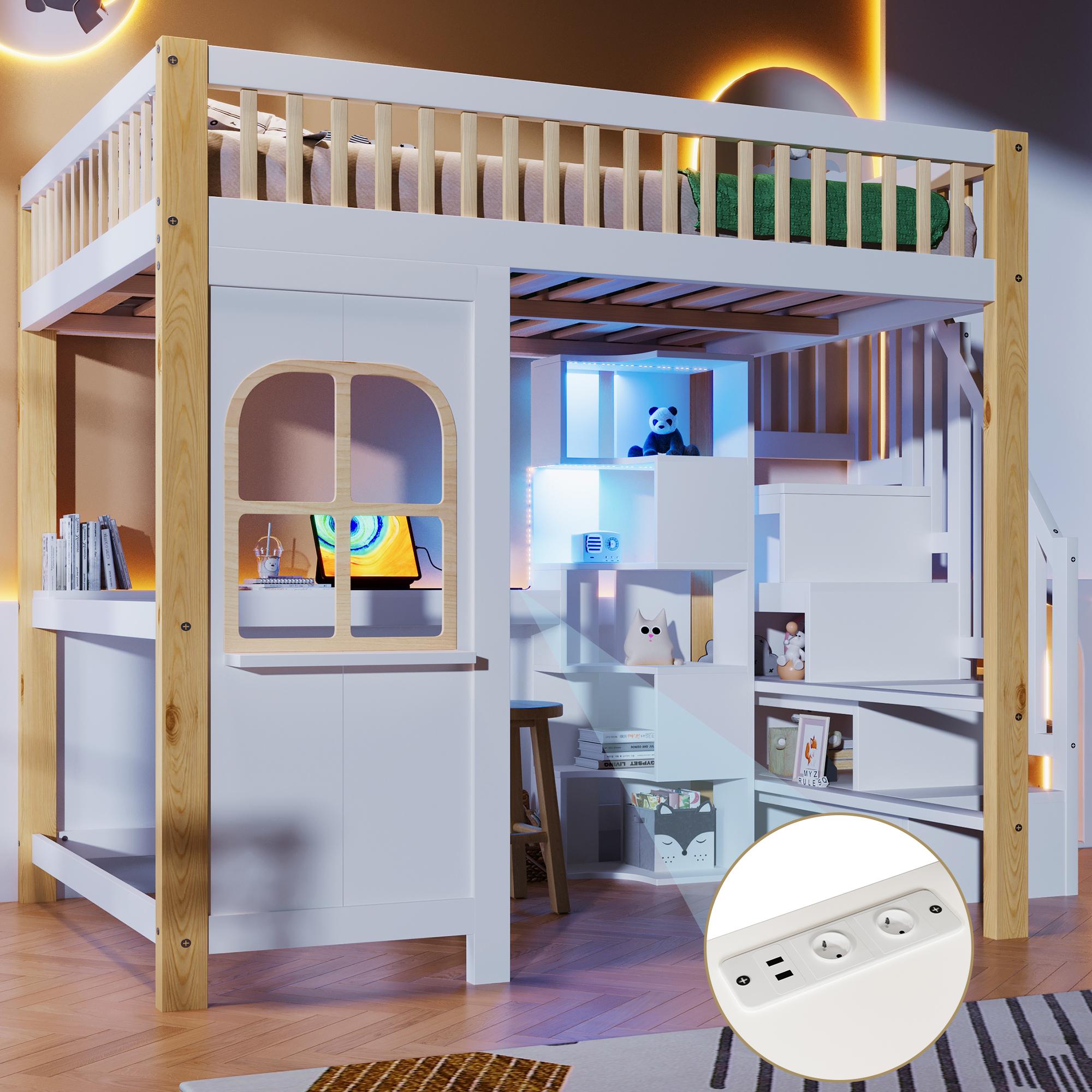 Merax Etagenbett Hochbett 140x200cm mit LED, Fensterform, Schreibtisch, Stauraum, Regale, Steckdose, Kinderbett Jugendbett, Stockbett, Weiß+Natur