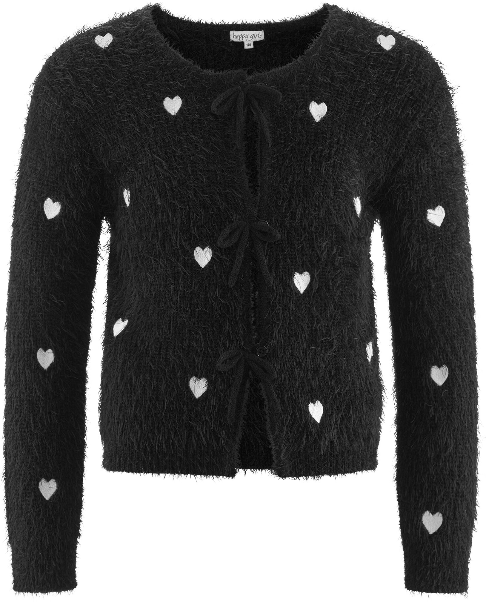 Strickjacke HAPPY GIRLS, Mädchen, Gr. 128, schwarz, Strick, Obermaterial: 62% Nylon, 38% Polyacryl, gemustert, normal, Rundhals, Strickjacken Strickjacke, Materialmix, mit Herzchen Druck schwarz 128