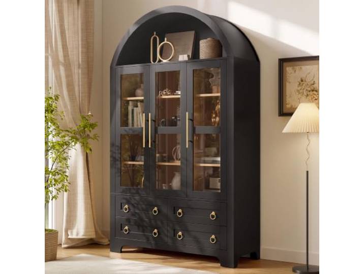 BXEYXE Sideboard, Wohnzimmerschrank, Aufbewahrungsschrank, mit 3 türen, 4 Schubladen und offenem Rundbogen-Fach, Wohnzimmersideboard, Anrichte mit Aluminiumgriffen, PB + MDF