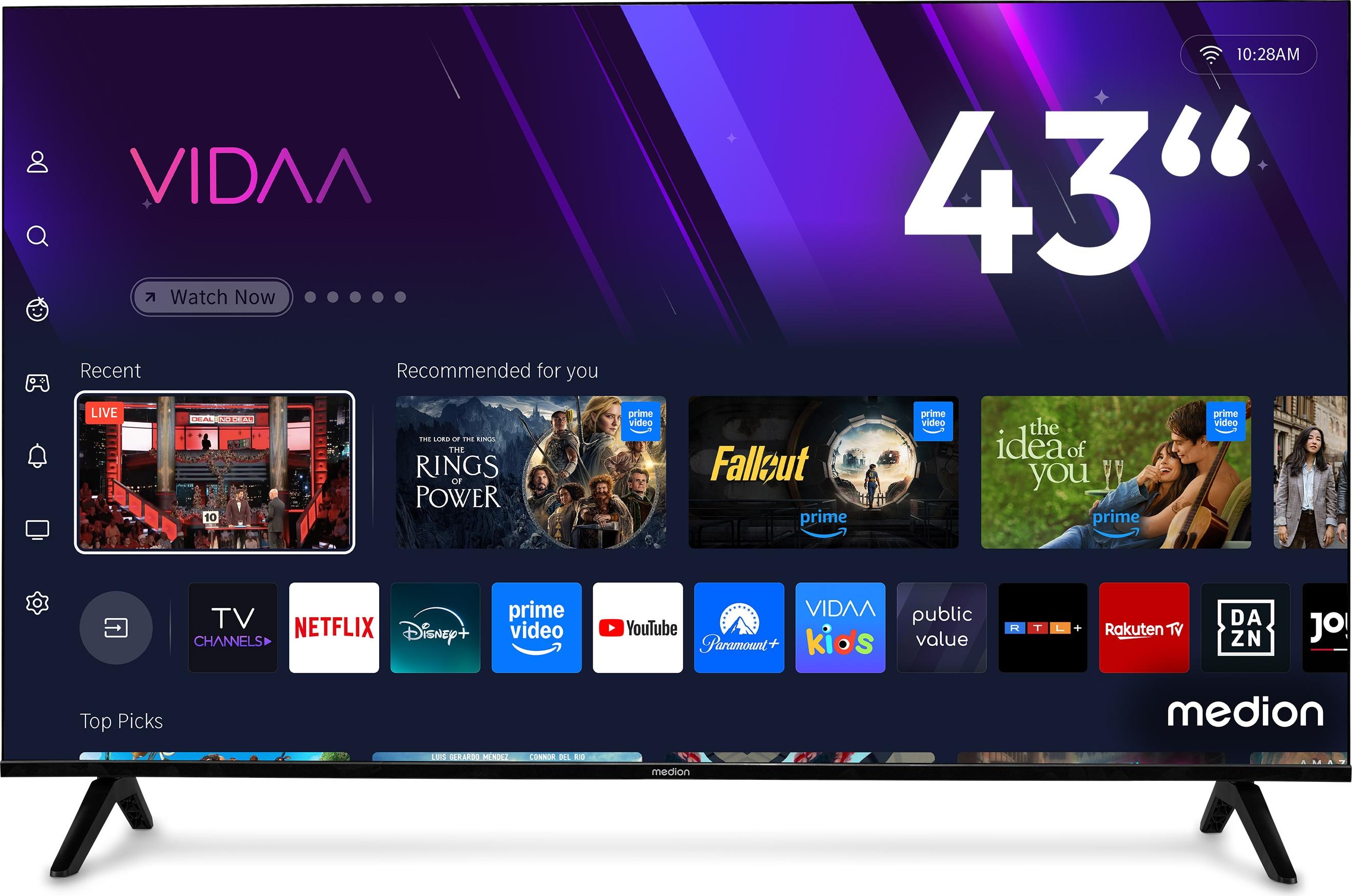 MEDION 108 cm (43 Zoll) QLED Fernseher (Smart-TV, Dolby Vision HDR, HBO Max, MagentaTV, Prime Video, Disney+, DAZN, Paramount+, Dolby Atmos, VIDAA Store, HbbTV, PVR, Bluetooth, MD 843601)